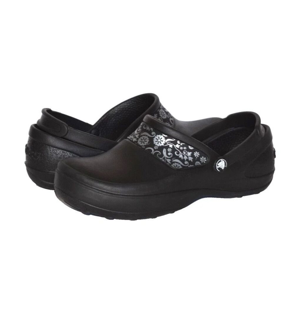 Crocs Mercy Work Clogs Womens 9 M7 Black Silver Floral Slingback 10876